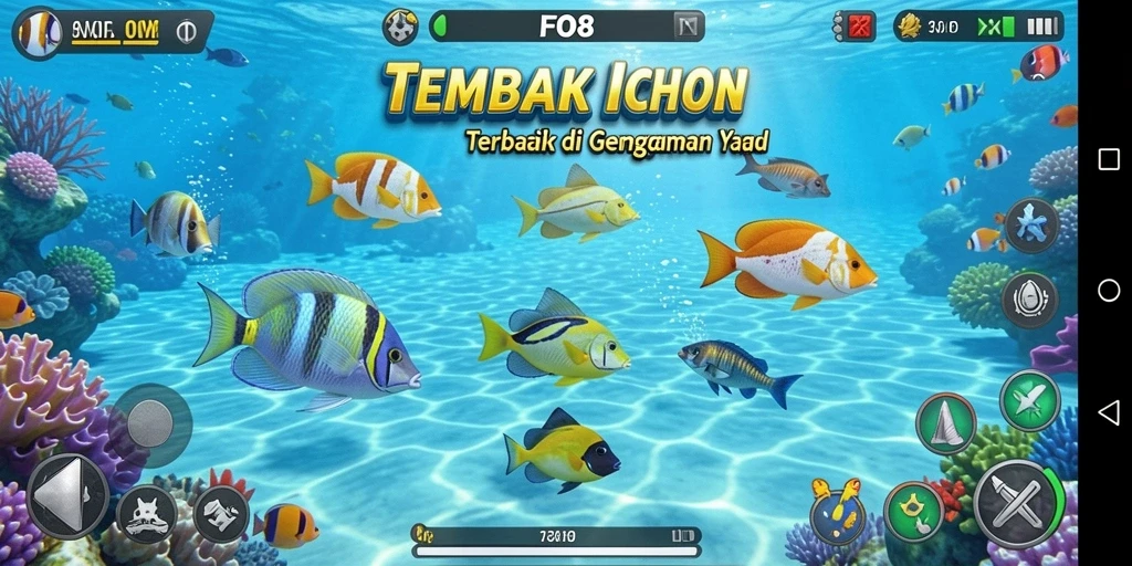 Screenshot gameplay FO8 yang menampilkan aksi menembak ikan.