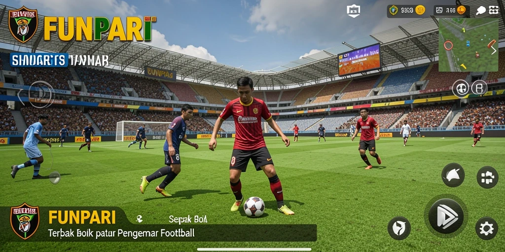 Screenshot gameplay FUNPARI menampilkan aksi seru di lapangan sepak bola.