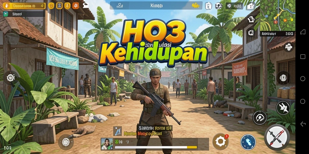 Tangkapan layar utama HO3 menampilkan karakter berinteraksi dalam lingkungan simulasi.