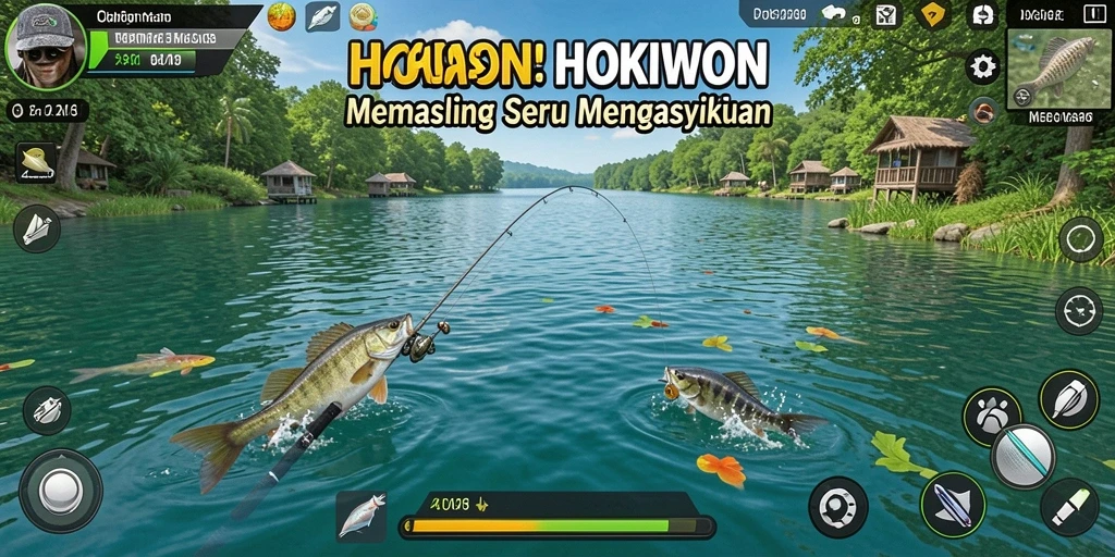 Screenshot gameplay HOKIWON saat memancing ikan besar.