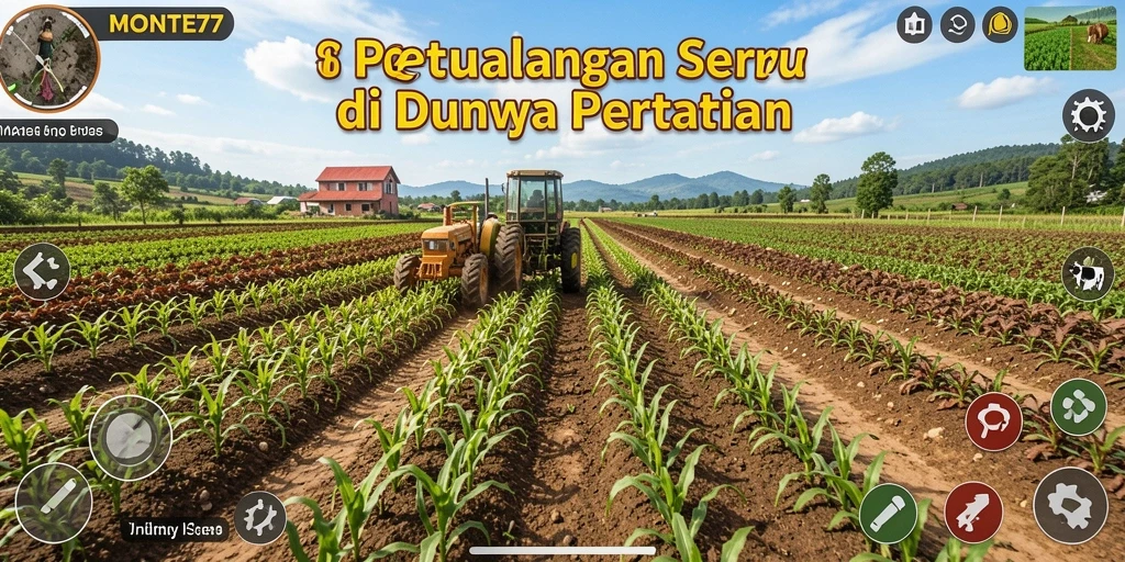 Screenshot gameplay MONTE77 menunjukkan ladang hijau subur dan aktivitas bertani.