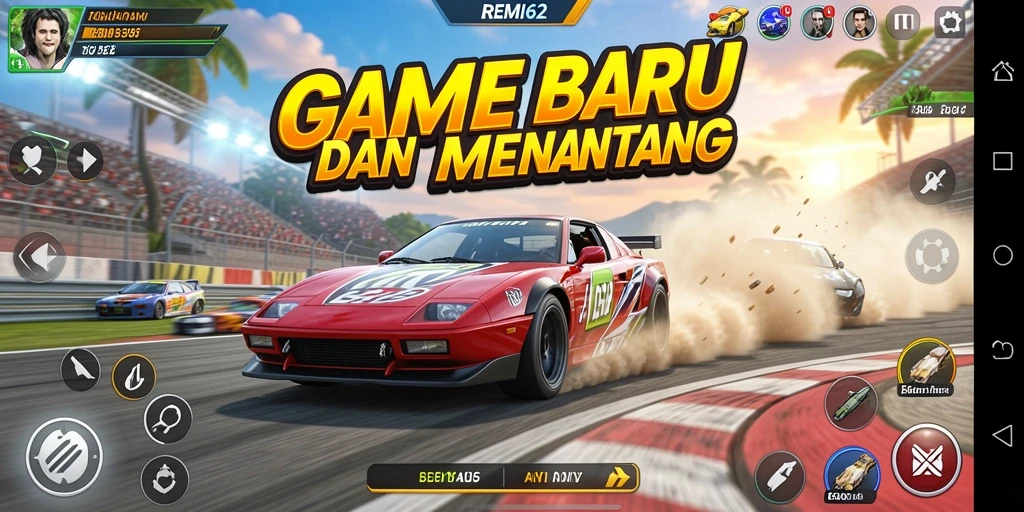 Screenshot gameplay REMI62 menampilkan aksi balapan yang mendebarkan.