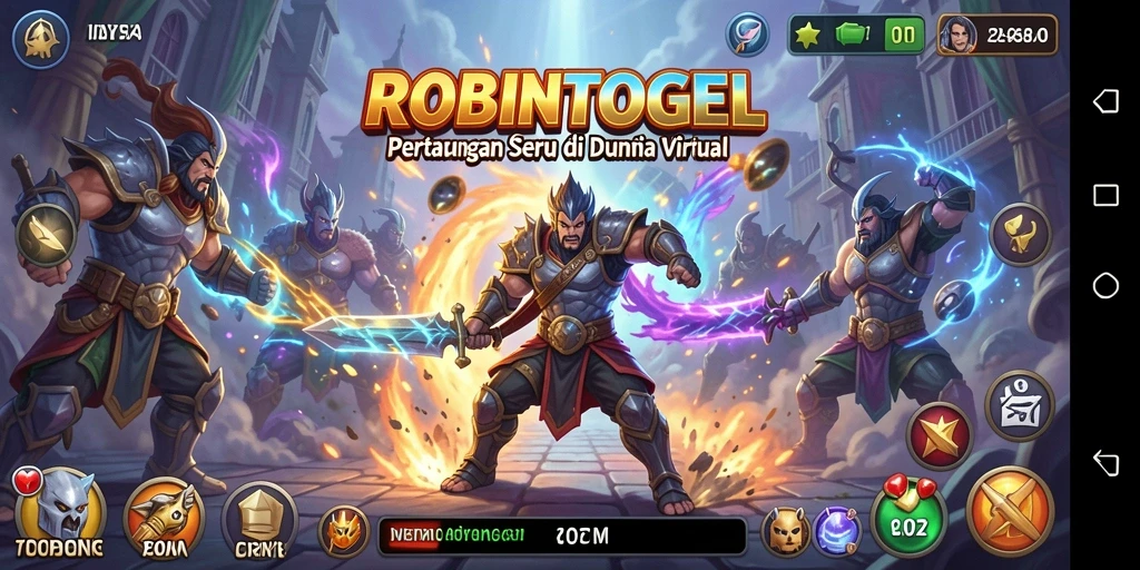 Tampilan aksi seru dalam ROBINTOGEL saat bertarung di arena.